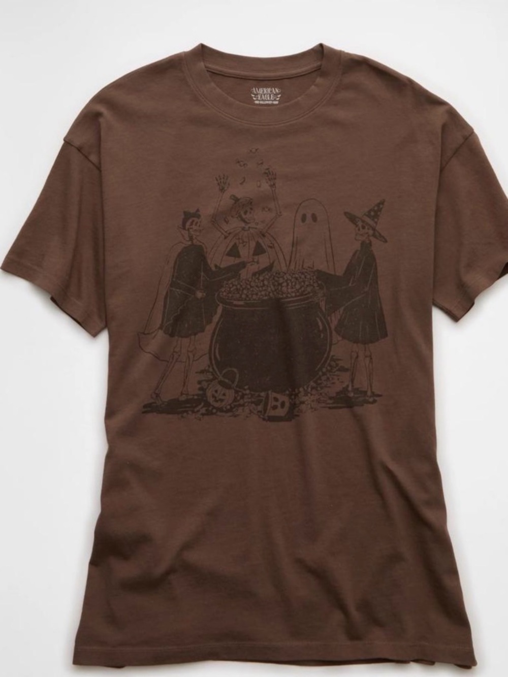 American Eagle Halloween Graphic Tee Brown Skeleton Pumpkin Shirt XS/S Pre-Owned